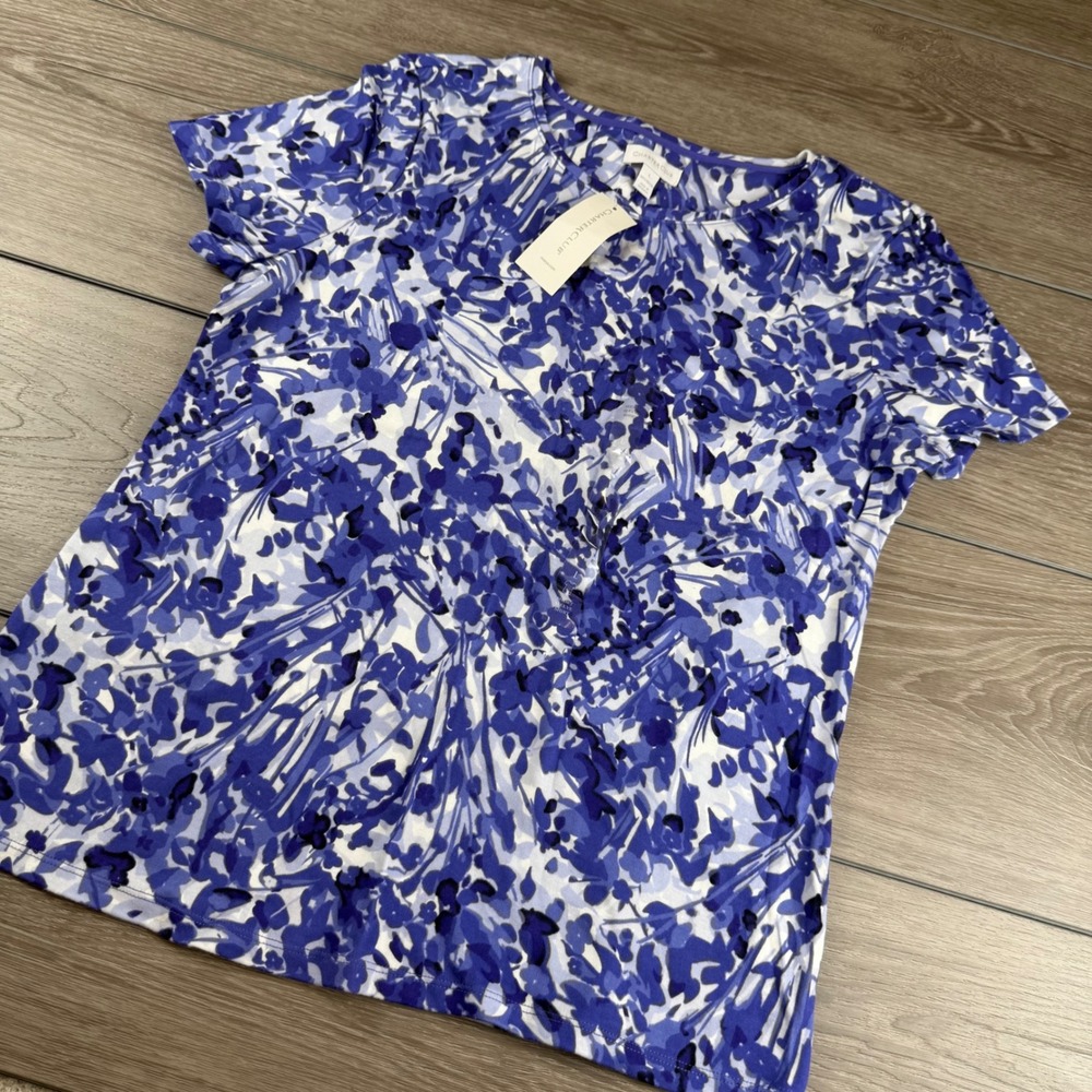 Charter Club Womens Short Sleeve Floral Knit Top Blue White Large